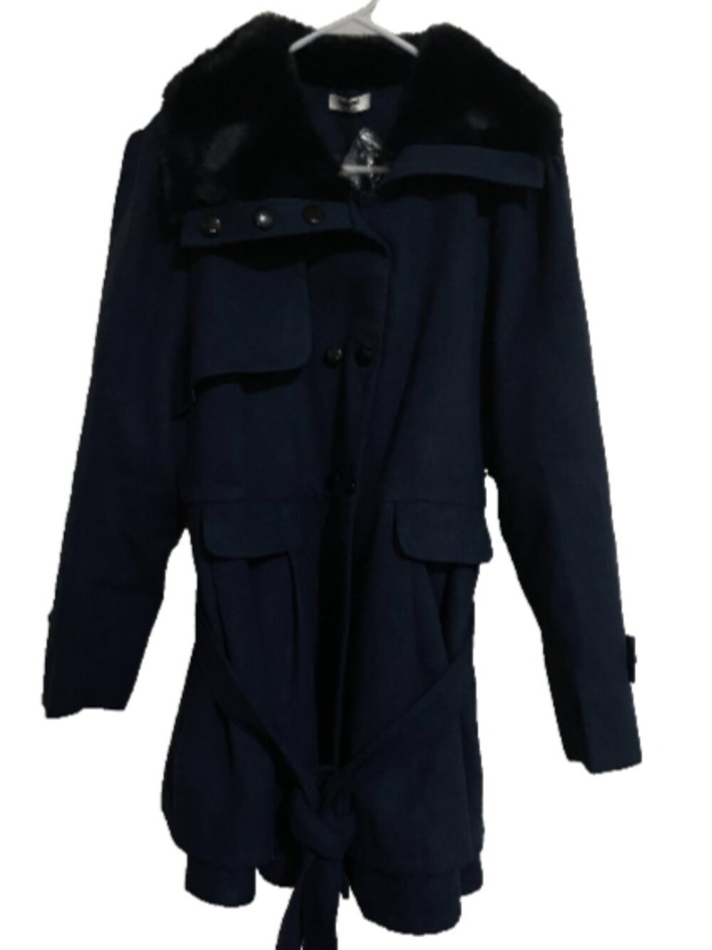 Zeagoo Womens Coat XL Navy Blue Solid Faux Fur Black Collar Double Breasted Belt